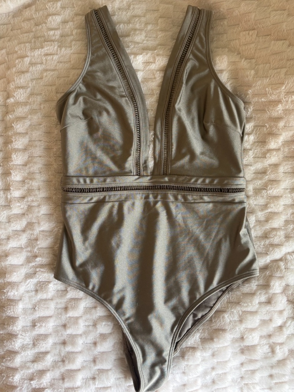 Ted Baker Starza Pointelle Deep V Swimsuit in Khaki